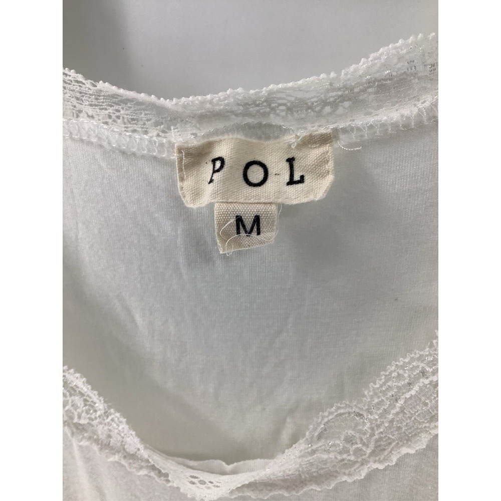 POL Womens White Lace Trim V-Neck Short Sleeve Knit Top Medium Boho Romantic